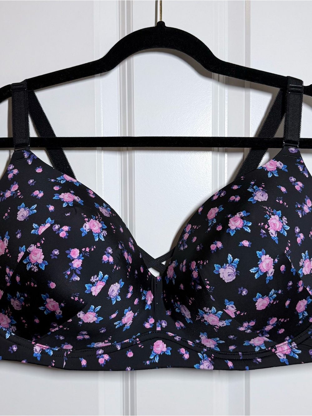 Torrid Black Floral Push Up Bra with Pink & Blue Roses